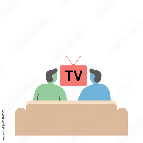 Two stylized figures watching a retro television on a beige couch.