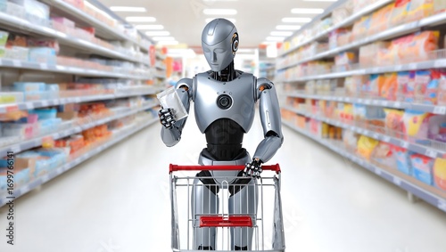 The concept of AI in retail, a silver and black cyborg autonomously shops for food in a brightly lit grocery store, a cinematic and 4K ultra-detailed render of future technology.