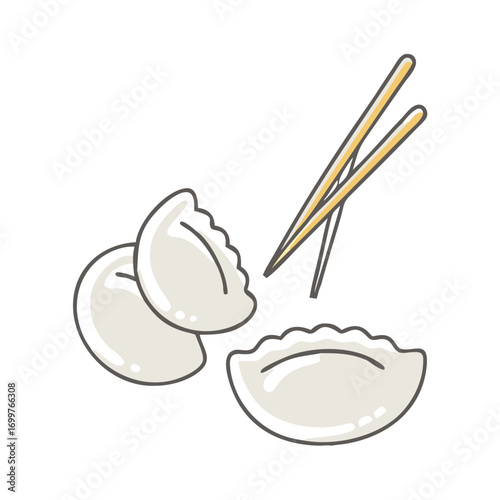 Delicious dumplings ready to be eaten with chopsticks on white background