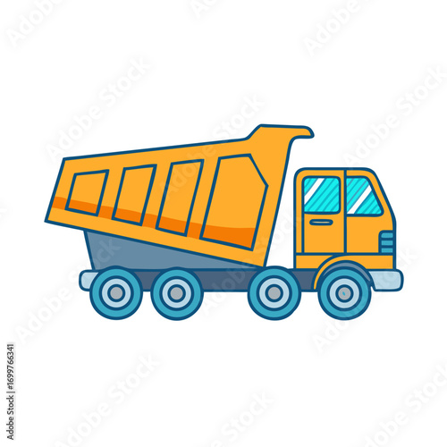 A cheerful cartoon illustration of a colorful construction dump truck