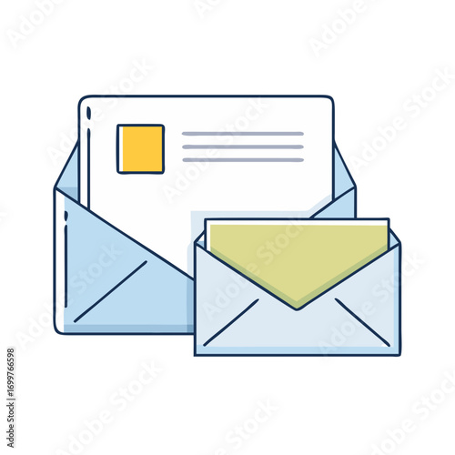 Two Envelopes, one contains document, representing correspondence and message delivery