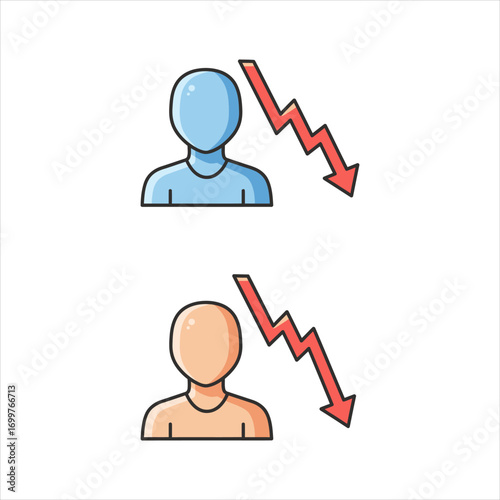 Two stylized figures with downward trending red lightning bolt arrows.