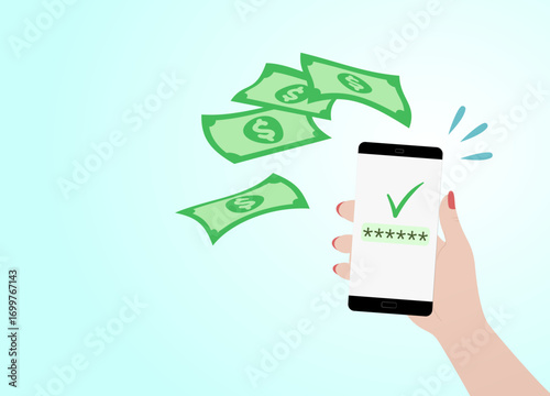 Illustration of digital money transfer with smartphone, hand sending cash online with confirmation.