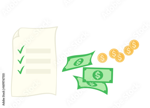 Illustration of paper checklist with cash and coins, concept of financial planning and budget management.