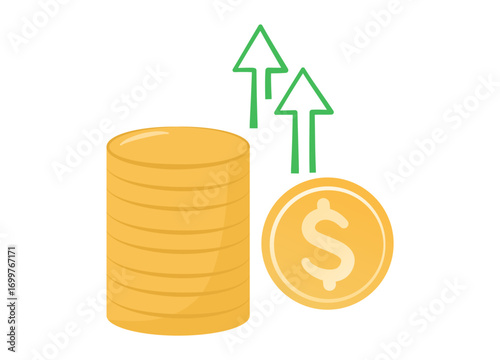 Golden coins stacked with upward arrows, symbol of investment, financial success, and economic growth.