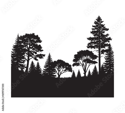vector foreground of forests. Trees in black silhouettes, intricate illustration.