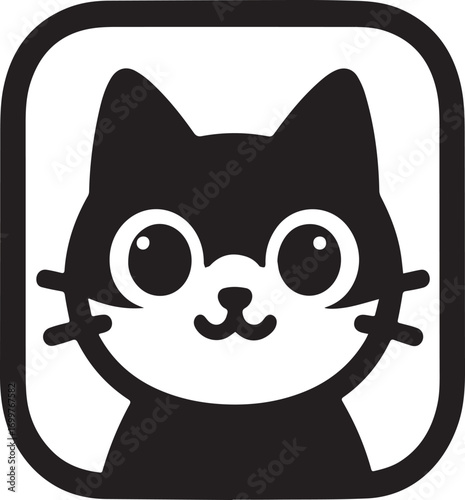 Charming black cat head icon with a friendly expression, ideal for a modern brand identity or creative emblem. Simple vector pet graphic