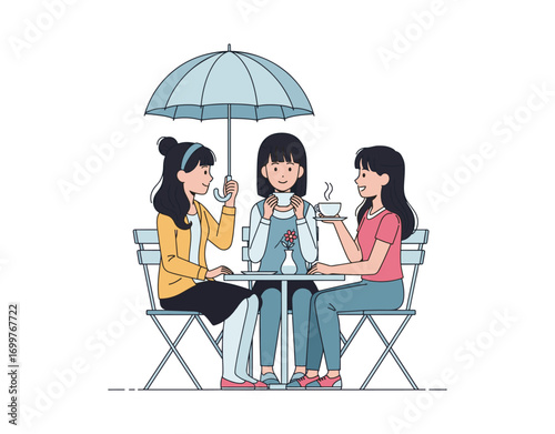 Young girls chilling at an outdoor cafe. The illustration shows women with an umbrella and a cup of tea. Vector art