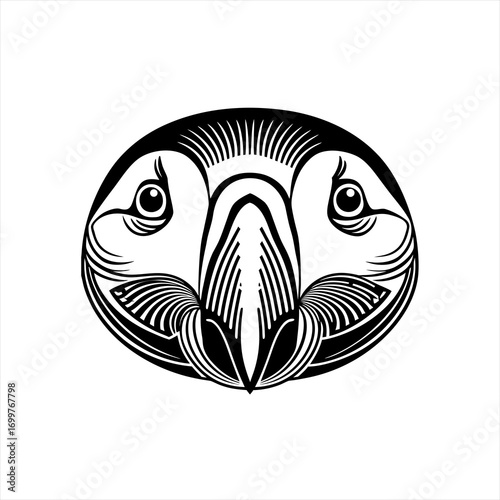 Stylized Black and White Puffin Head Illustration.