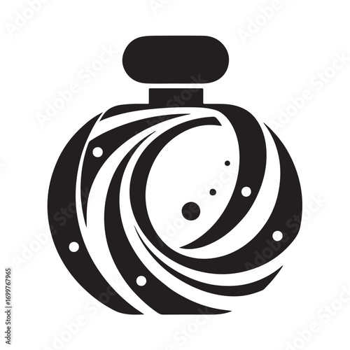 Abstract graphic of a round perfume bottle with a swirling wave or galaxy, suitable for a cosmetic brand logo