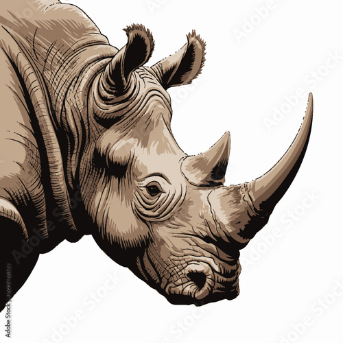 This striking image captures the majestic beauty of a rhinoceros, showcasing its intricate textures and formidable horn structure against a clean, white background.
