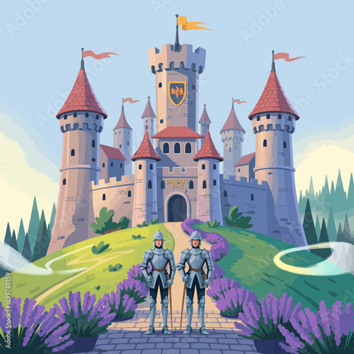 This enchanting castle, fortified and grand, stands proudly on a gentle hill adorned with vibrant flowers, evoking tales of knights and adventures in a fairy tale setting.