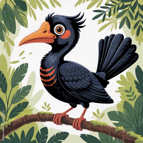 This captivating bird, with its vibrant plumage and striking beak, rests gracefully on a branch surrounded by lush leaves, embodying the essence of a tropical paradise.