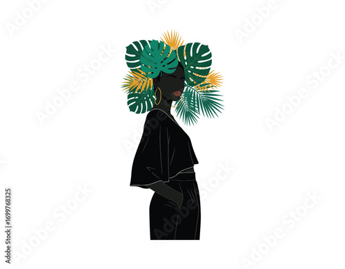 style vector flat illustration of a trendy black woman amidst tropical leaves, perfect for summer. This beauty is a stylish young female with dark skin.