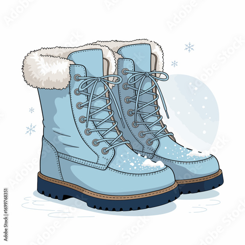 This charming illustration depicts cozy winter boots with a snug fur lining, perfectly showcasing them covered in soft snow, ideal for winter fashion and lifestyle representations.