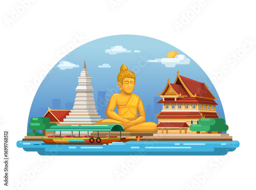 Wat Paknam Thailand Asia Landmark Travel Destination Cartoon Illustration Vector
