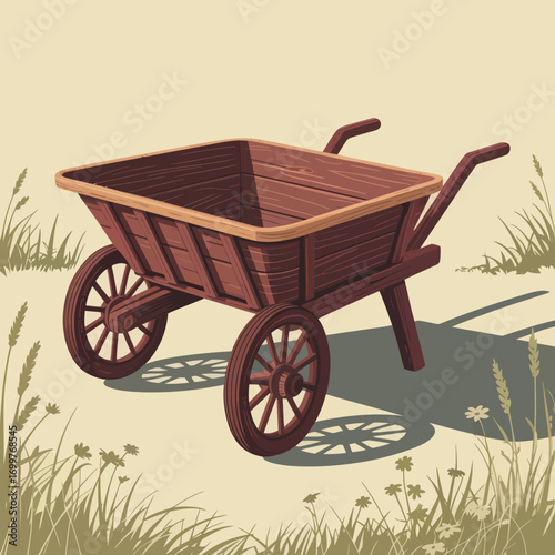 A beautifully crafted wooden wheelbarrow stands against a serene natural backdrop, illustrating a perfect blend of craftsmanship and the simplicity of outdoor work tools.