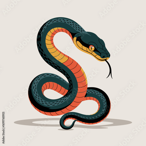 This vibrant illustration depicts a vivid snake coiling elegantly against a neutral background, showcasing its unique colors and captivating design that captures the eye.