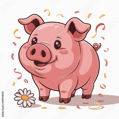 This lively image showcases a playful pig with a joyful expression, surrounded by festive decorations, symbolizing celebration and delight in simple pleasures.