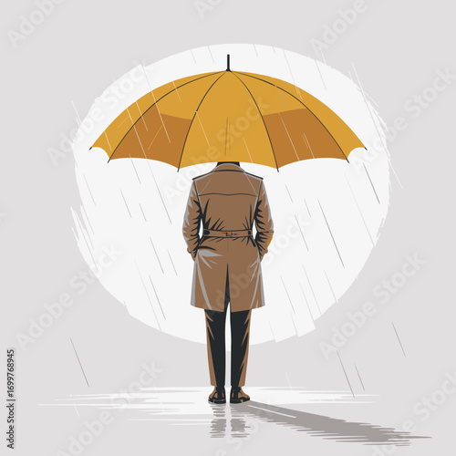 A solitary figure stands beneath a bright yellow umbrella, creating a striking contrast against the rain-swept backdrop, evoking feelings of solitude and reflection.