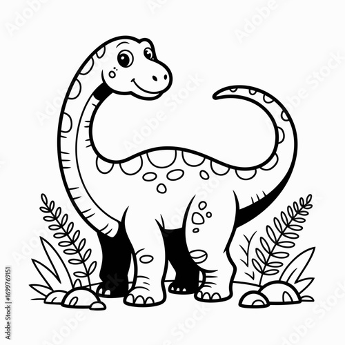 This charming illustration depicts a friendly dinosaur standing amidst ferns and rocks, ideal for children's themes or educational materials about prehistoric life.
