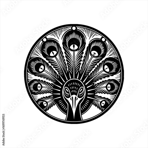 Stylized Black and White Peacock Feather Mandala.