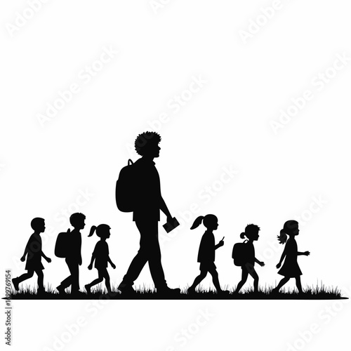 Adult leading children on a grassy path silhouette