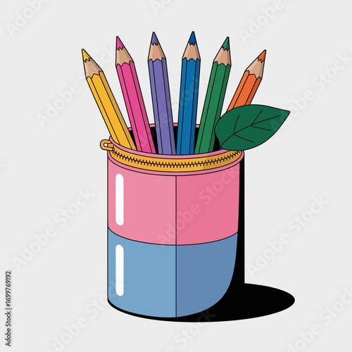 This vibrant image features an artistic arrangement of colored pencils standing in a stylish container, perfect for creativity and artistic inspiration themes.