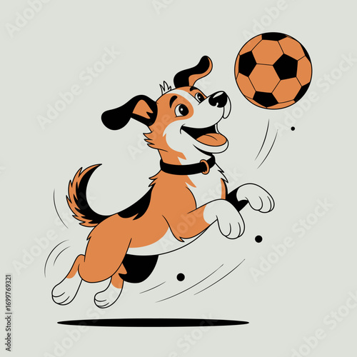 A joyful dog leaps into the air to catch a soccer ball, showcasing its playful spirit and the bond between pets and their owners in this lively scene.