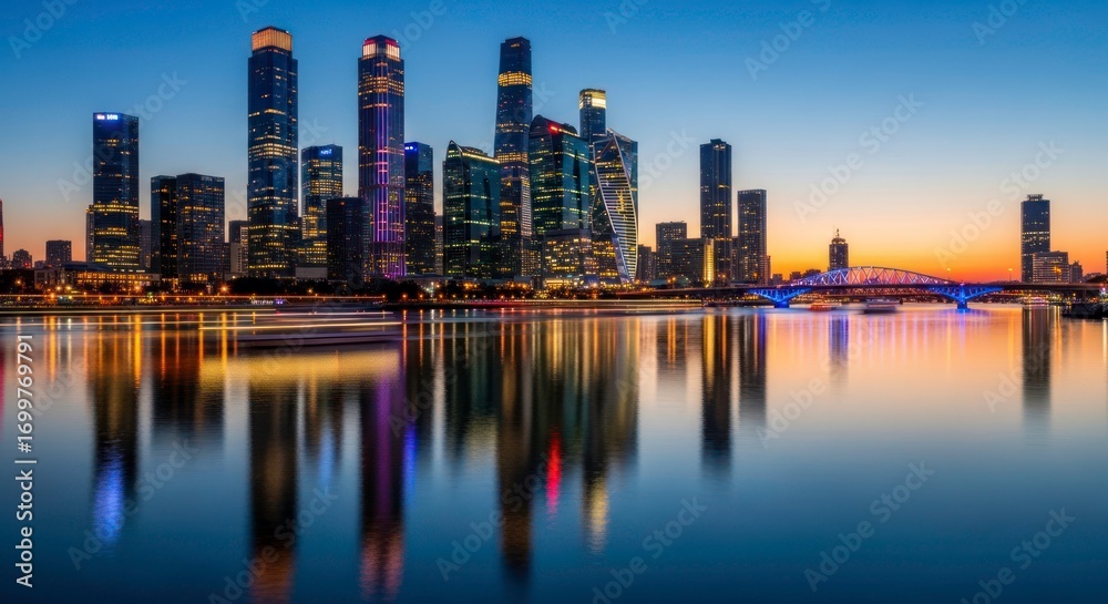 Fototapeta premium Vibrant Moscow City Skyline Reflected at Twilight with Purple-Lit Skyscraper and Boat Trails