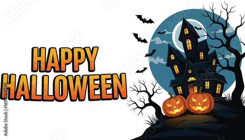 A spooky happy halloween illustration, featuring a haunted house, pumpkins, bats, and a full moon in the night sky