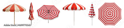 Red and white striped beach umbrella set including open, closed, and top views isolated. Summer vacation and sun protection elements.