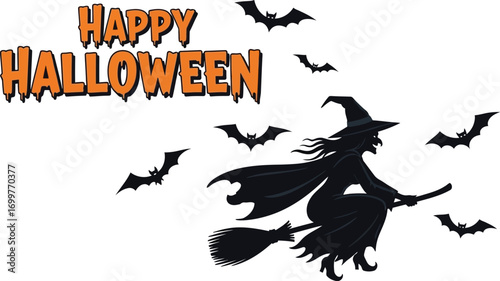 Witch flying broom with bats and moon for halloween illustration and spooky season decoration