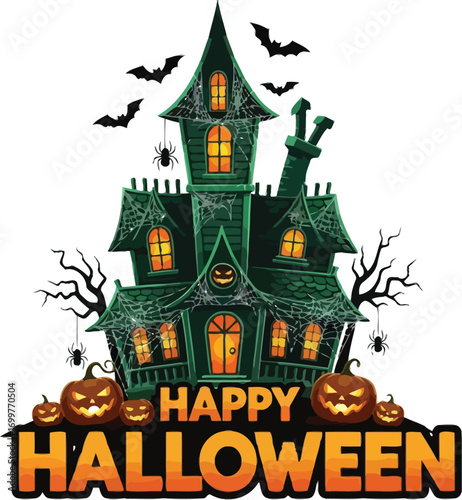 Illustration of a spooky haunted house, with bats flying around and pumpkins, for a happy halloween celebration