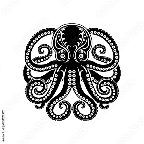 Stylized Black Octopus Illustration with Swirling Tentacles.