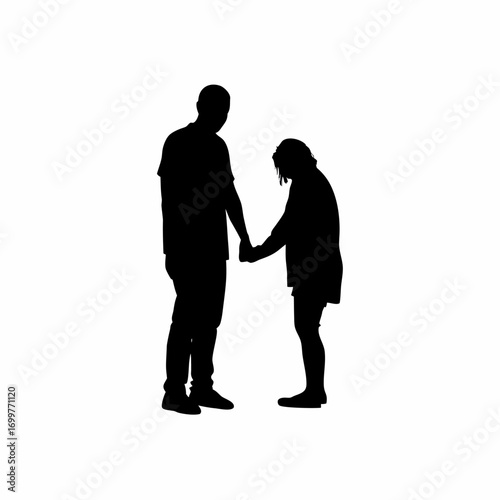 Silhouette of husband holding sick wife s hand isolated on white background