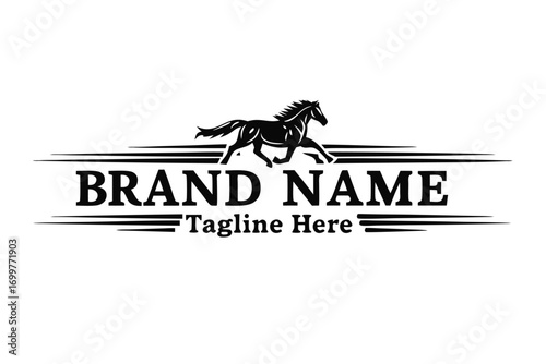 Minimalist logo of a running horse with Brand Name text on white background