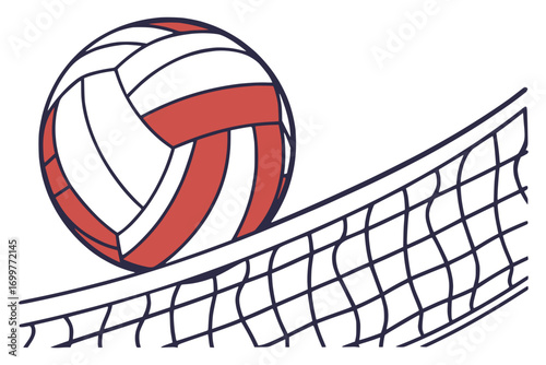 Flat vector illustration of a volleyball with net pattern, solid bold colors, isolated on white background, no text