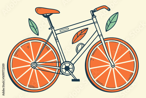 Vector illustration of a bicycle with wheels shaped like oranges, minimal flat style, playful concept
