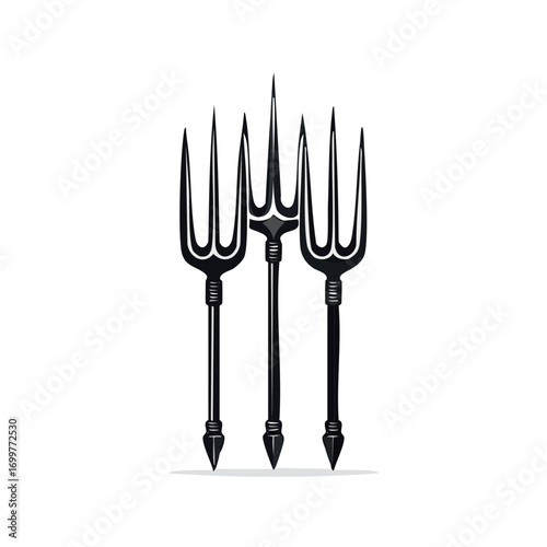 Three stylized black pitchforks arranged vertically against a clean white background, isolated.