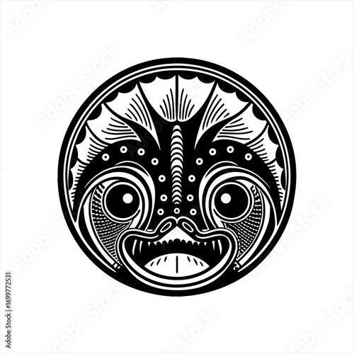 Tribal Mask Black and White Circular Design.