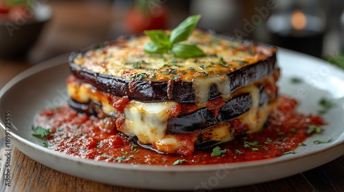 Beautifully plated eggplant parmesan dish with layers of baked eggplant melted cheese and tomato sauce garnished with fresh basil and served in a stylish modern restaurant setting