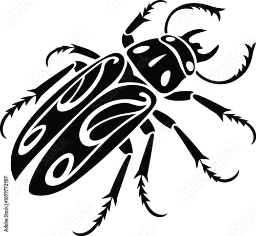 Black silhouette of horned beetle insect, isolated on white background, detailed vector illustration, perfect for logo, tattoo, or entomology designs.Black silhouette
