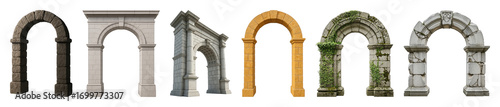 Architectural arches set including classical, stone, ruined, and Romanesque styles isolated. Historical design elements.