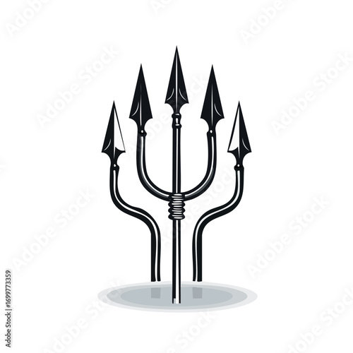 A stylized illustration of a trident weapon, rendered in shades of gray, against a white background.
