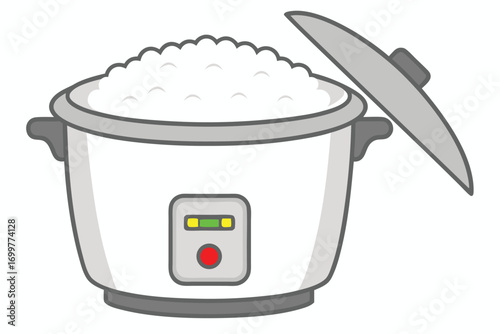 Cartoon Rice Cooker Filled With Steaming White Rice With Lid Ajar appliance kitchen