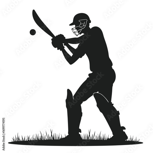 Cricket batsman in action silhouette with bat and ball