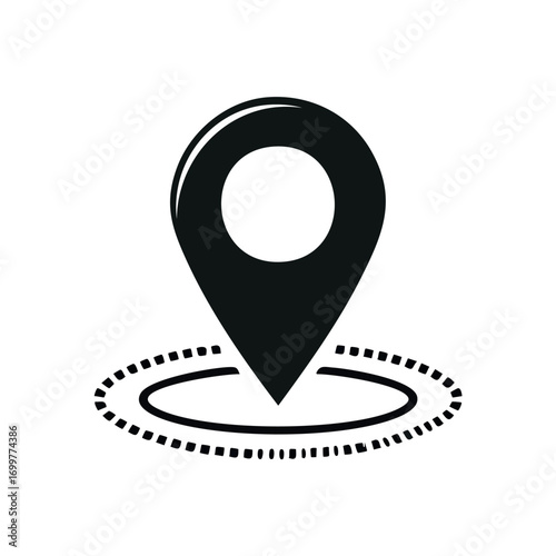 Black location pin icon with a dotted circle around it, indicating a specific geographic point.