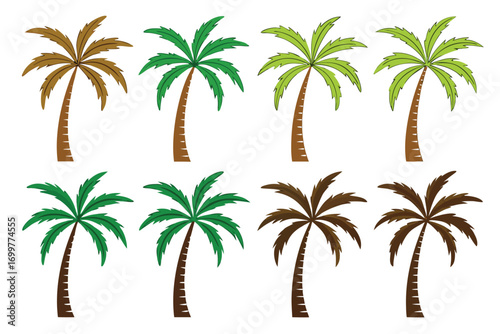 Collection of Eight Stylized Palm Trees in Various Colors and Styles tropical nature