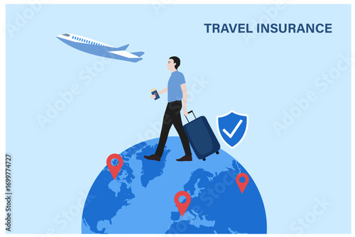 Travel insurance concept. Travel insurance policy with airplane, luggage and protection shield on smartphone vector illustration
